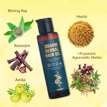 BRAHM Ayurvedic Hair Oil for Hair Growth | Hair Fall & Dandruff Control | Bhringraj, Amla, Jatamansi & 15 Herbal Ingredients | 100ml