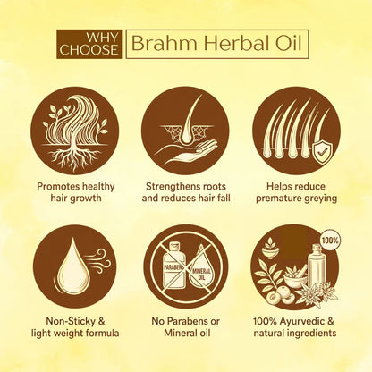 BRAHM Ayurvedic Hair Oil for Hair Growth | Hair Fall & Dandruff Control | Bhringraj, Amla, Jatamansi & 15 Herbal Ingredients | 100ml