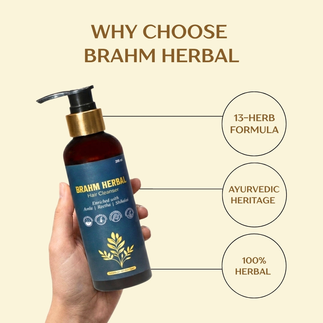 BRAHM Herbal Hair Cleanser with Amla, Reetha & Shikakai | Ayurvedic Shampoo for Hair Fall Control, Dandruff Relief & Hair Growth | 200ml